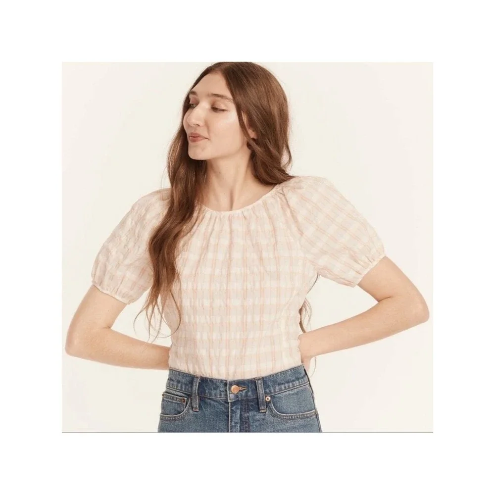 J. Crew V-back puff-sleeve top in textured plaid Size 2